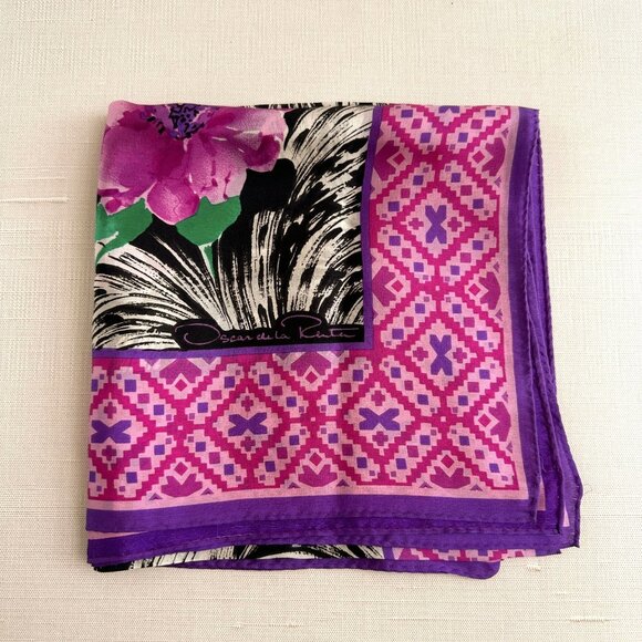 Oscar de la Renta Accessories - Oscar de la Renta 30" Silk Scarf Purple Floral Black Scroll